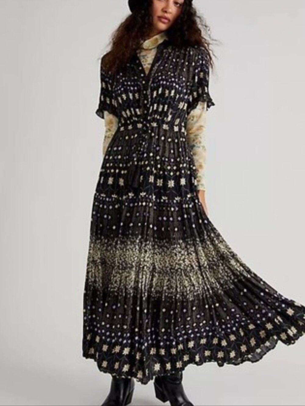 Free People Floral Midi Dress in Black and Purple